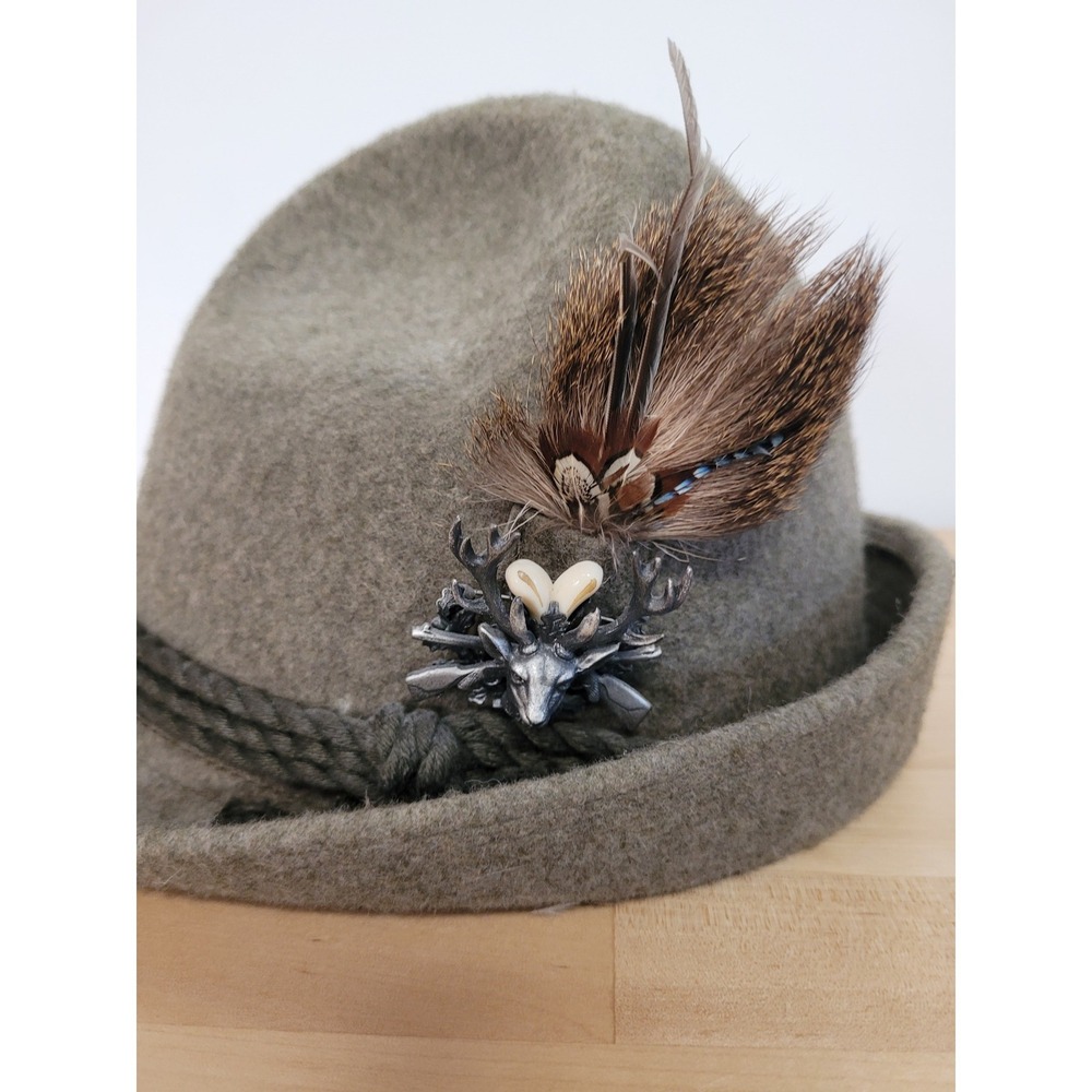 Bayerischer Walk Loden Alpine Hat Mens Medium Olive Green Wool Felt Stag Feather - Picture 2 of 8